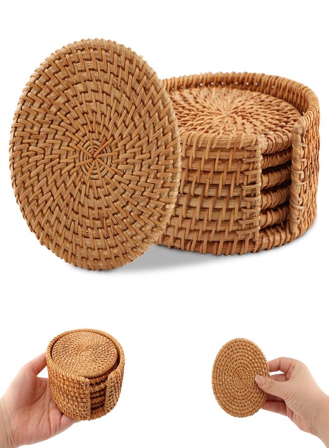 Restynic 6pcs Handmade Rattan Coaster Set with Holder - Wicker Coasters, Heat-Resistant Drink Coasters for Coffee Table, Housewarming Gifts, Home Decor - Image 5